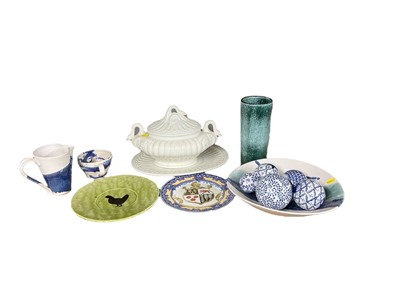 Lot 646 - Group of ceramics, including a swan form tureen and base, a Royal Doulton armorial plate, a collection of blue and white decorative spheres, etc