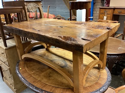 Lot 1357 - Bespoke made wooden coffee table with aged top on contemporary beech legs joined by stretchers, 120cm wide, 69cm deep, 52cm high