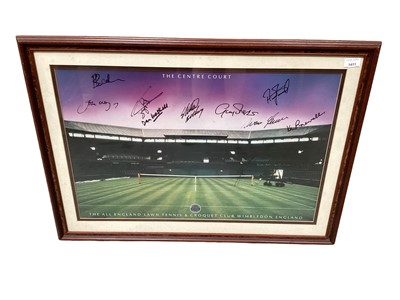 Lot 1411 - Autographs signed Wimbledon Lawn Tennis Court print framed and glazed.  Signatures include Boris Becker, John McEnroe, Jeremy Bates, Dan Maskell - Commentator, Ivan Lendal, Yvonne Goolagon.