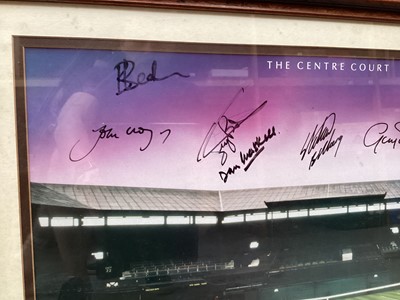 Lot 1411 - Autographs signed Wimbledon Lawn Tennis Court print framed and glazed.  Signatures include Boris Becker, John McEnroe, Jeremy Bates, Dan Maskell - Commentator, Ivan Lendal, Yvonne Goolagon.