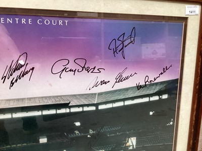Lot 1411 - Autographs signed Wimbledon Lawn Tennis Court print framed and glazed.  Signatures include Boris Becker, John McEnroe, Jeremy Bates, Dan Maskell - Commentator, Ivan Lendal, Yvonne Goolagon.
