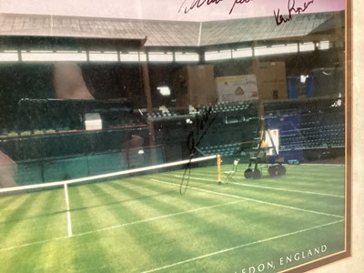 Lot 1411 - Autographs signed Wimbledon Lawn Tennis Court print framed and glazed.  Signatures include Boris Becker, John McEnroe, Jeremy Bates, Dan Maskell - Commentator, Ivan Lendal, Yvonne Goolagon.