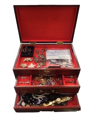 Lot 1060 - Chinese wooden jewellery box containing silver and other costume jewellery, wristwatches and a Swarovski pen