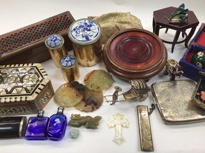 Lot 363 - Group of Chinese style and other trinket boxes, two wooden stands, white metal figure carrying a rickshaw, green hard stone carvings and other items