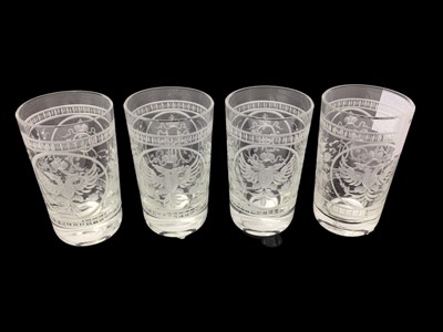 Lot 129 - Set of four  Imperial Russian shot glasses finely engraved with Royal cypher and crowned double headed eagle
