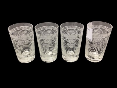 Lot 129 - Set of four  Imperial Russian shot glasses finely engraved with Royal cypher and crowned double headed eagle