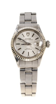 Lot 604 - Tudor Princess Oysterdate stainless steel wristwatch with a circular silvered dial, applied baton markers and date aperture, in stainless steel case, 25mm diameter, on Rolex steelinox bracelet