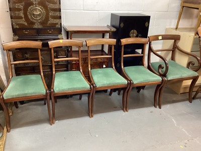 Lot 1422 - Set of five 19th century mahogany bar back dining chairs with green seats on sabre legs, comprising four standards and one carver