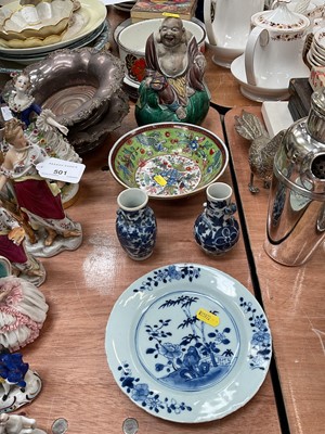 Lot 502 - Clobbered Chinese porcelain bowl, blue and white porcelain plate, vases and seated Buddha figure