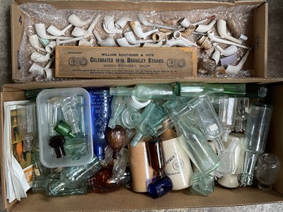 Lot Collection of clay pipes and antique bottles