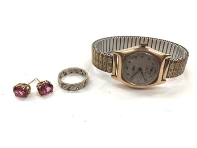 Lot 1074 - 14ct gold cased Avia wristwatch on plated expandable bracelet, 9ct white gold ring and a pair of 9ct gold gem set earrings