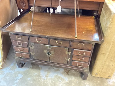 Lot 1405 - Oriental brass mounted cabinet with an arrangement of drawers and cupboards, 92cm wide, 56.5cm deep, 53cm high