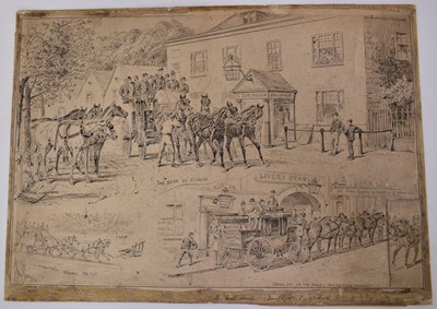 Lot 1030 - John Sturgess (act.1869-1903) pen and ink sketches, Coaching views Guilford and London, signed and inscribed, unframed, 33cm x 46.5cm