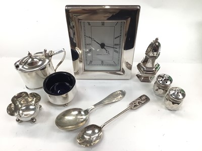 Lot 1076 - Group of silver to include various condiments, salts etc Chinese silver spoon, one other sterling spoon and a silver mounted desk clock