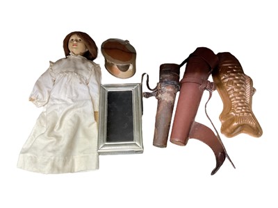 Lot 643 - Sundry items, including two saddle flasks, a horn powder flask, plaster doll, pewter ware, etc