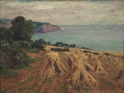 Lot 6 - 20th century English school oil on board, study of cliff top haystacks overlooking the sea, 30cm x 40cm, framed