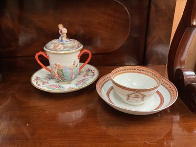 Lot 636 - Capodimonte relief decorated chocolate cup and saucer, and a Chinese export tea bowl and saucer with crest (4)