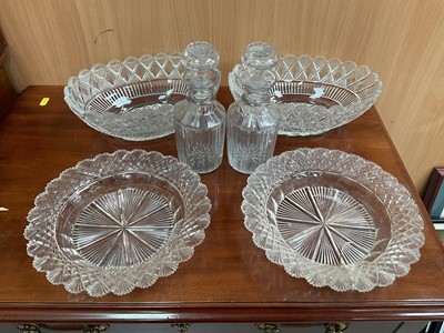 Lot 628 - 19th century Anglo-Irish cut glassware, including a pair of round bowls and a pair of oval bowls, with fan-cut decoration to to edges, together with a pair of 19th century decanters