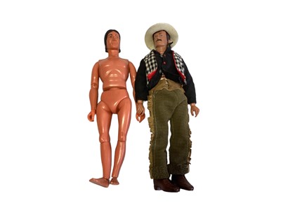 Lot 1834 - Marx Toys The Lone Ranger Rides Again action figures Butcher & Tonto, broken Horseshoe Outfit, on sealed card No.7435/6 and two reproduction Lone Ranger style action figures, on card & similar figu...