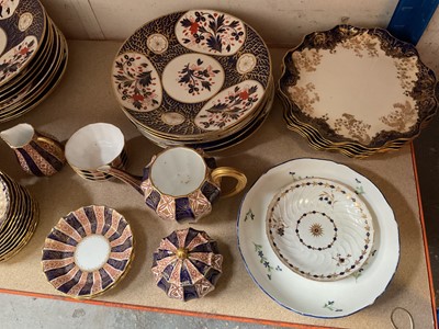 Lot 624 - Group of mostly antique ceramics, including a collection of Crown Derby Imari plates, Royal Worcester Imari fluted tea wares, Royal Doulton gilt tooled tea wares, 18th century Worcester saucer, etc