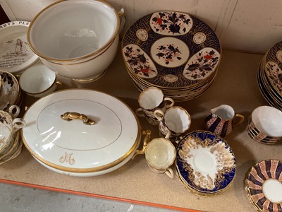 Lot 624 - Group of mostly antique ceramics, including a collection of Crown Derby Imari plates, Royal Worcester Imari fluted tea wares, Royal Doulton gilt tooled tea wares, 18th century Worcester saucer, etc