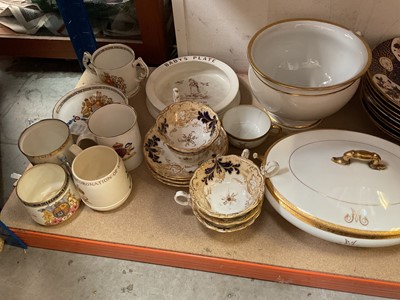 Lot 624 - Group of mostly antique ceramics, including a collection of Crown Derby Imari plates, Royal Worcester Imari fluted tea wares, Royal Doulton gilt tooled tea wares, 18th century Worcester saucer, etc