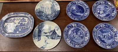 Lot 257 - Four 19th century blue and white transfer printed plates 'Dr Syntax' and two Delft plates