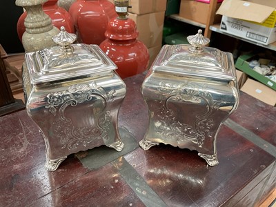 Lot 415 - Pair of silver plated tea caddies of bombe form with engraved decoration (2).