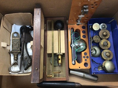 Lot 378 - Three sets of various scales, old metal can opener in the form of a cow, brass bottle opener, quill cutter in the form of chicken, a portable multi tool, a knife and a small framed print