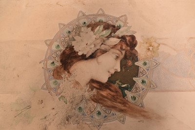 Lot 1078 - Manner of Alphonse Mucha (1860-1939) watercolour - Art Nouveau illustration, 50cm x 96cm, unframed