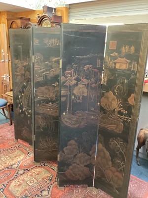 Lot 1447 - Oriental lacquered 6 fold dressing screen with chinoiserie decoration