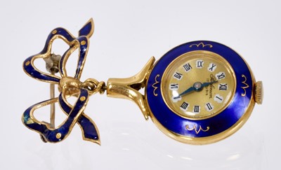 Lot 617 - 18ct gold and blue enamel pendant watch suspended from a bow