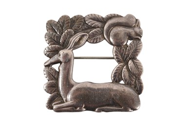 Lot 170 - Georg Jensen Danish silver foliate square brooch with a deer and squirrel