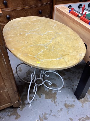 Lot 1452 - Metal framed table base with oval marble top, 84cm