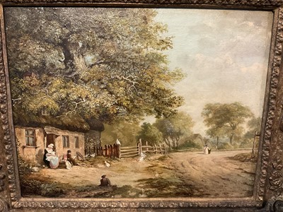 Lot 272 - 19th century English School, oil on panel, Cottage scene with figures, 27 x 33cm