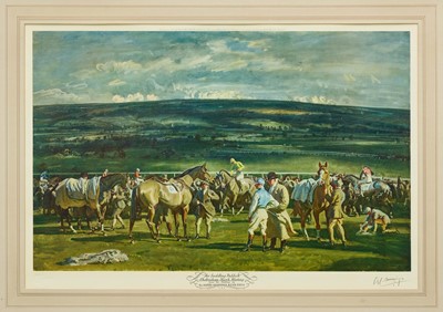 Lot 1036 - *Sir Alfred Munnings (1878-1959) signed coloured print - The Saddling Paddock Cheltenham March Meeting, published by Frost & Reed 1952 with blindstamp, in glazed frame