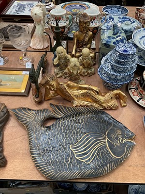 Lot 452 - Large carved wood fish plaque together with two carved gilt wood figures and other oriental items.