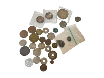 Lot 420 - World - Mixed coins to include silver Mexico 2 Reales 1743 VF, Spain Carlos III 2 Reales 1711 GF, G.B. George V Crown 1935 EF, Japan 18th century Mameita Gin Fair, Ancient Parthian silver issues &...