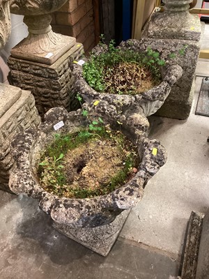 Lot 1470 - Concrete garden urn on plinth base, 86cm high, together with another pair of urns, 43.5cm high