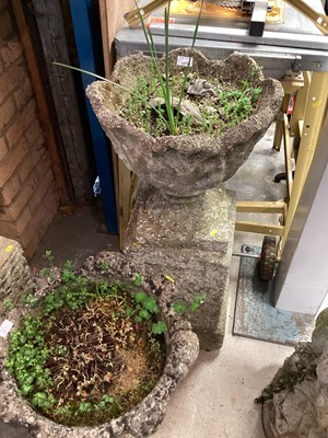 Lot 1470 - Concrete garden urn on plinth base, 86cm high, together with another pair of urns, 43.5cm high