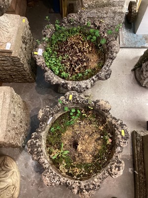 Lot 1470 - Concrete garden urn on plinth base, 86cm high, together with another pair of urns, 43.5cm high