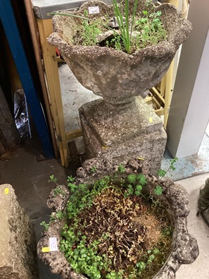 Lot 1470 - Concrete garden urn on plinth base, 86cm high, together with another pair of urns, 43.5cm high