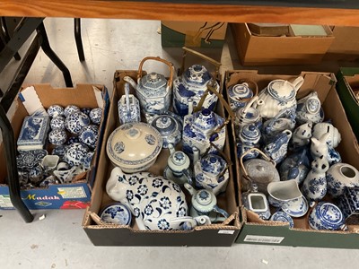 Lot 466 - Three boxes of oriental blue and white ceramics including teapots and ornaments (3 boxes).