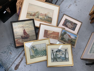 Lot 487 - Group of mixed pictures to include a watercolour of a cottage, oil of a ship and others.