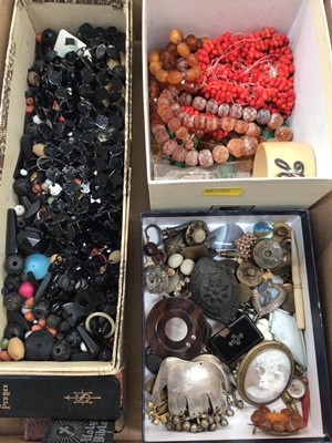 Lot 1108 - Group of antique and later jewellery pieces, jet and other beads, pens, penknives and other sundry items