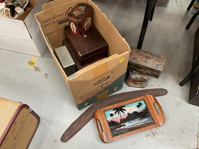 Lot 491 - Group of vintage tins, some containing buttons, aboriginal boomerang and Brazilian butterfly wing tray.