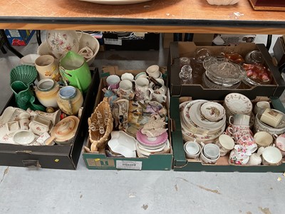 Lot 492 - Four boxes of assorted china and glassware to include carnival glass, decanters and wash jug and bowl set.