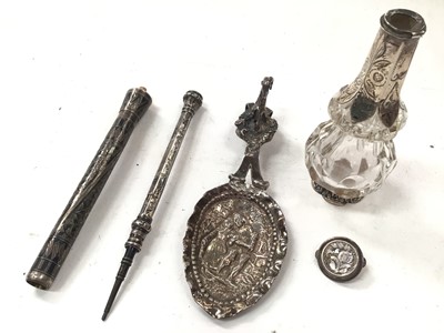 Lot 1120 - Dutch silver caddy spoon, silver and niello holder, propelling pencil and silver mounted scent bottle.