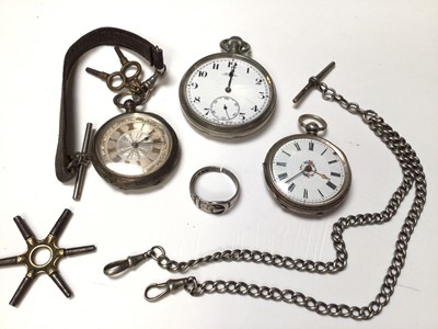 Lot 163 - Two silver fob watches, Cyma plated pocket watch, silver watch chain and a silver buckle ring