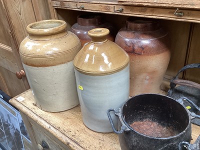 Lot 590 - Group of stoneware items and cast iron cooking pots.